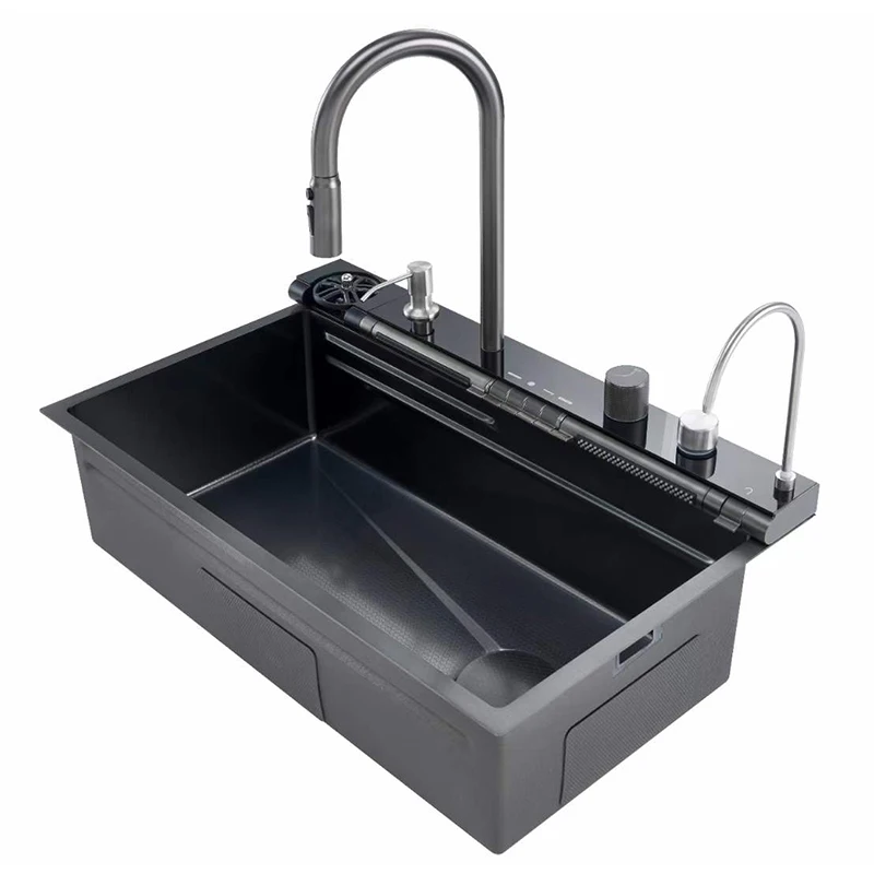 304 Kitchen Sinks Double Vessel Kitchen Sink With Digital Display Piano Button Waterfall Wash Sink Stainless Faucet
