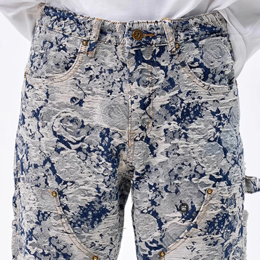 Men Jeans Jacquard Washed Cargo Casual Straight Pants Streetwear Fashion Hip Hop Retro Trend Trousers Male Men'S Clothing 2024