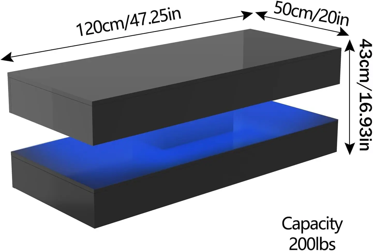 47.3인치 대형 고광택 LED 커피 테이블(수납 서랍 2개 포함), 검정색/흰색 거실용 현대식 커피 테이블, 거실용