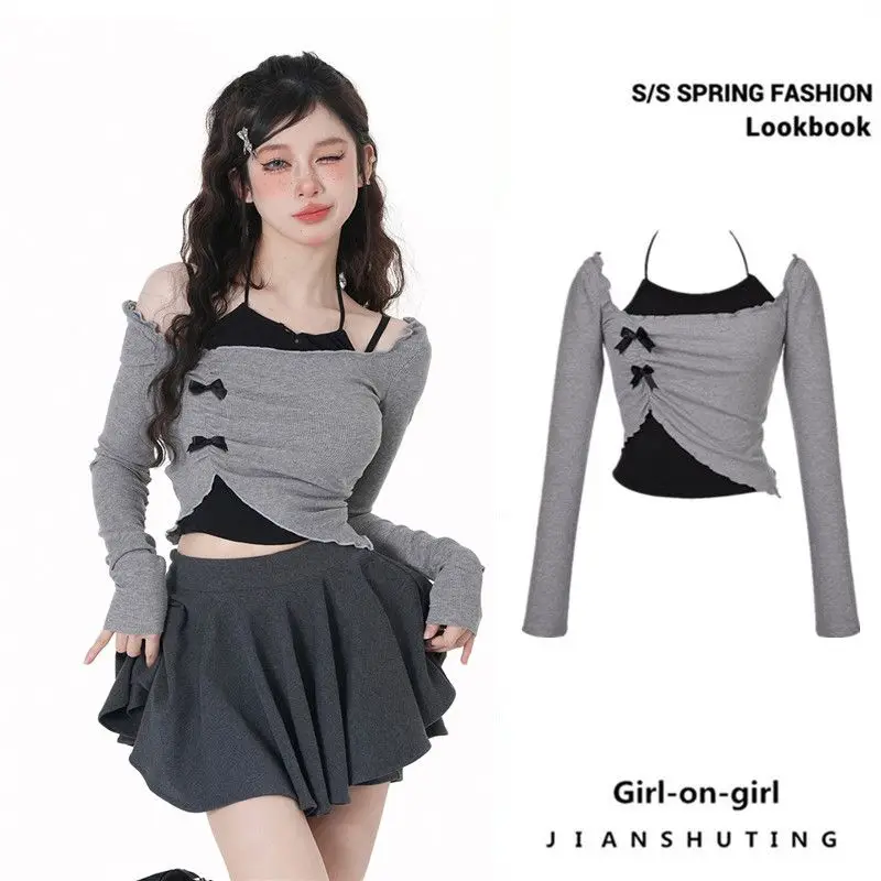 Y2K Grey Two Piece Set Spicy Girl Top Slim Sexy Hotsweet Women Short Shirt Off Shoulder Long Sleeved T-shirt Hanging Neck Bow