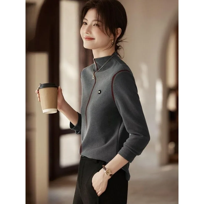 Temperament Half Turtleneck Bottoming Shirt for Women in Autumn Winter New Fashion Line Slim Warm Inner Long-sleeved T-shirt