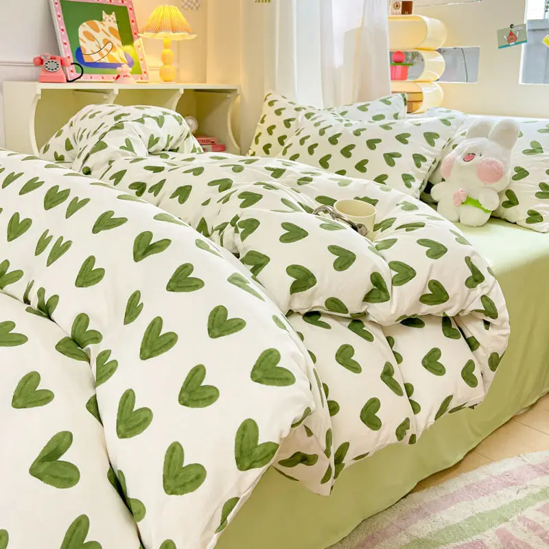 Fashion Love Heart Duvet Cover Set Pillowcase Flat Sheet No Filler Girls Boys Twin Queen Size Floral Bed Linens Home Decor