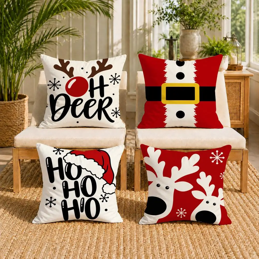 Christmas Reindeer Santa Designs Cushion Cover Double-Sided Plush Sofa Cushion Covers Organic Breathable Invisible Zipper