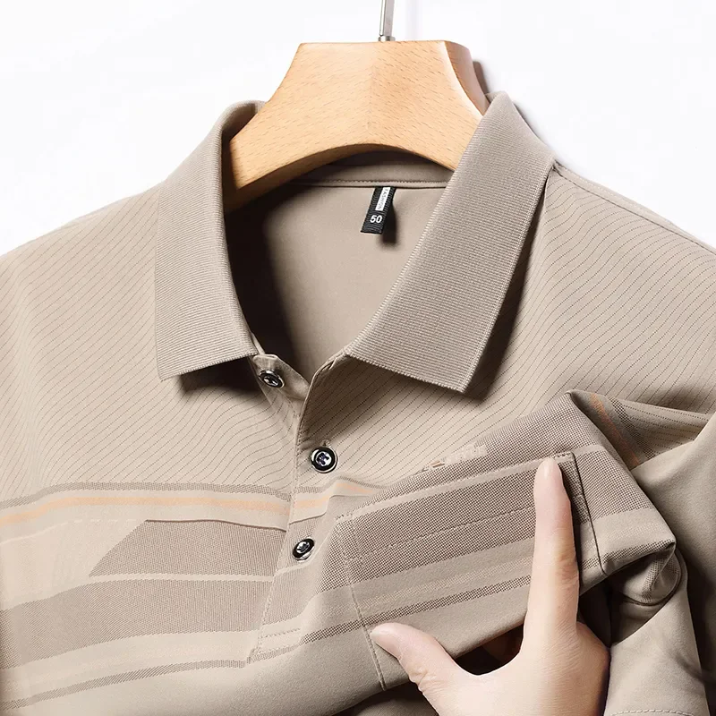 Men's Khaki Teal Striped Polo Shirt Casual Short-Sleeve Breathable Slim Fit Business Polo