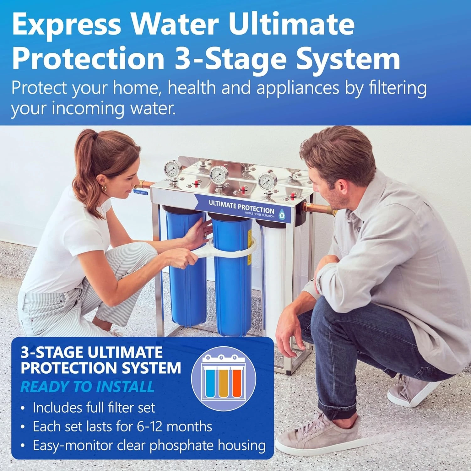 

Water Filter System| ULTIMATE PROTECTION | 3 Stage Water Purifier Whole Home, Top-Tier Heavy Metal + Anti-Scale Filters