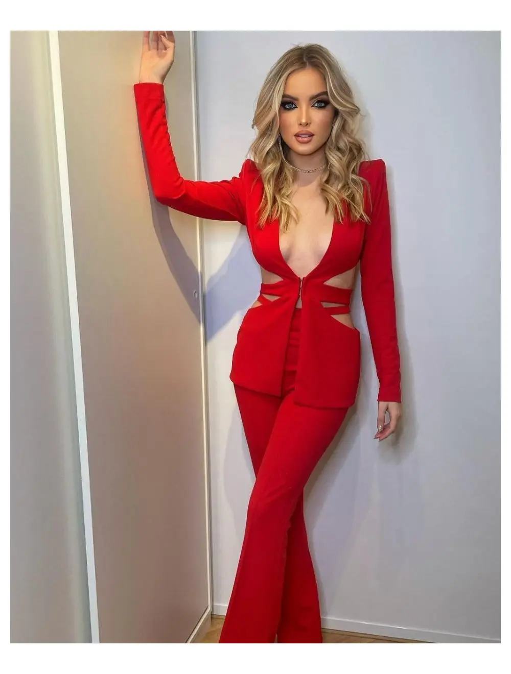 Women\'s Long Sleeve Blazers Jacket and Low Waist Hollow Out Trousers Suit Baggy Pants Sets Evening Dress Autumn 2 Pcs