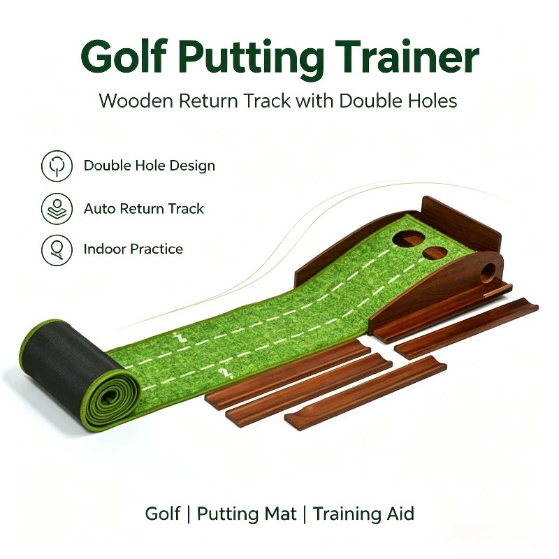 Solid Wood Golf Putting Trainer Dual Hole Return Track Nylon Mat Indoor Golf Putter Practice Training Aid for Home Use