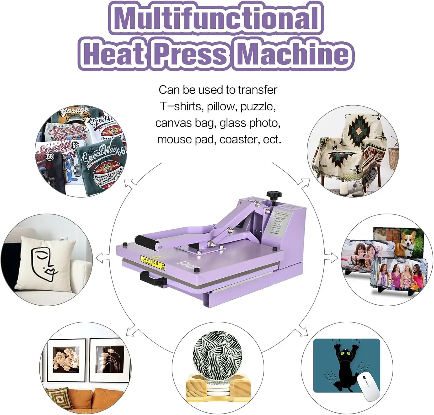 PlanetFlame Sublimation Heat Press, Máquina de Transferência de Calor para T-Shirt, Roxo, Qualidade Industrial, 15x5 Polegada