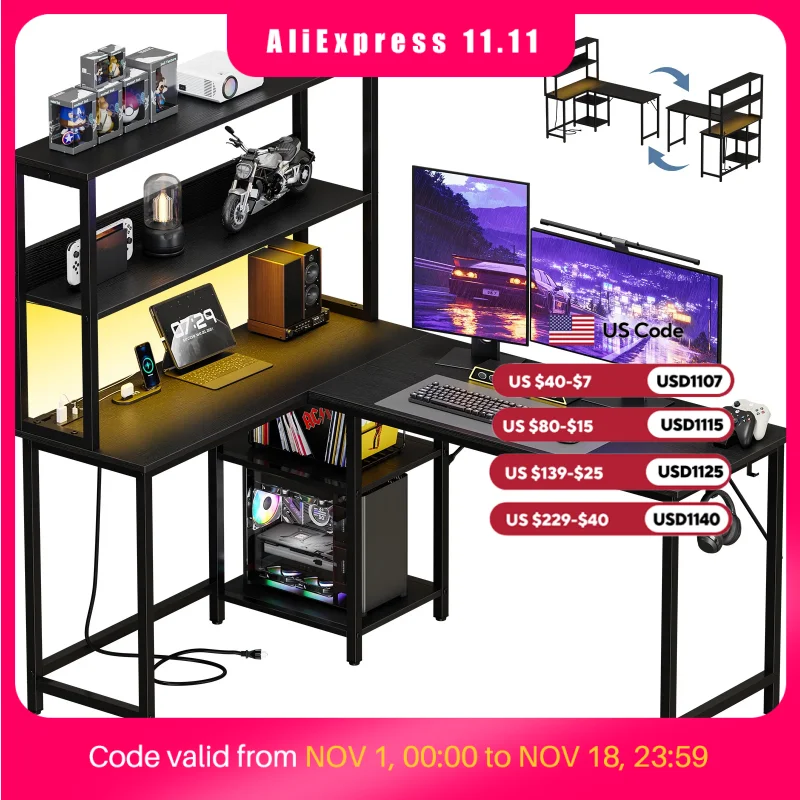 JHK 53 Inch L Shaped Gaming Desk with LED Light Reversible Computer Desk with Adjustable Shelf USB Power Outlet Corner Desk with CPU Stand for Home Office