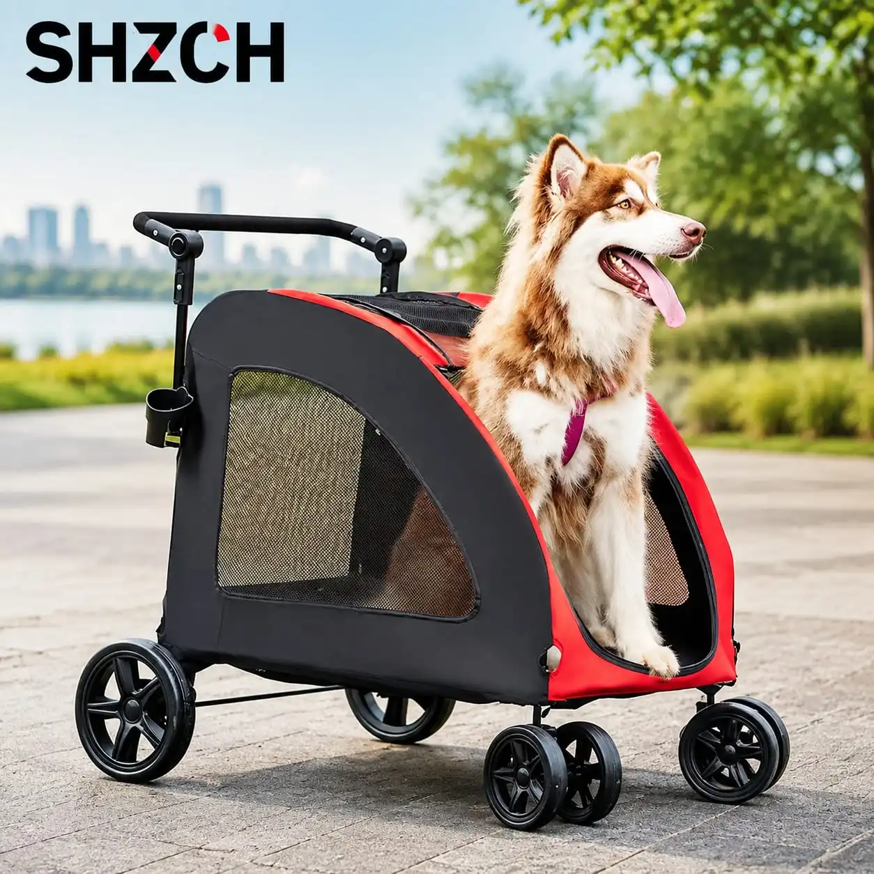 ‌Foldable Dog Stroller for Large Breeds - Convertible Pet Wagon, Travel Cart & Safety Carrier with Ventilated Mesh Design