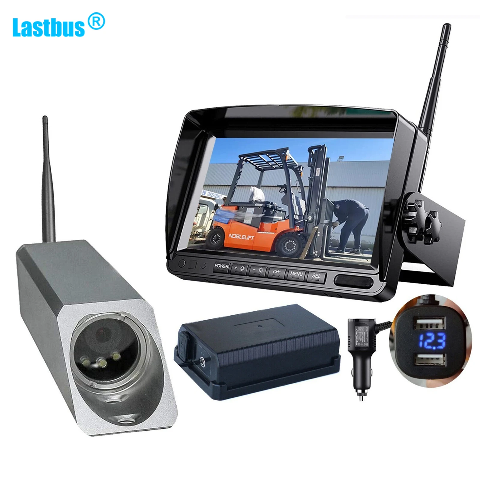 

Lastbus Digital Wireless 7" IPS Split 2 Screen Forklift Front View Camera IP69K Waterproof Night Vision 9600mA Magnetic Base