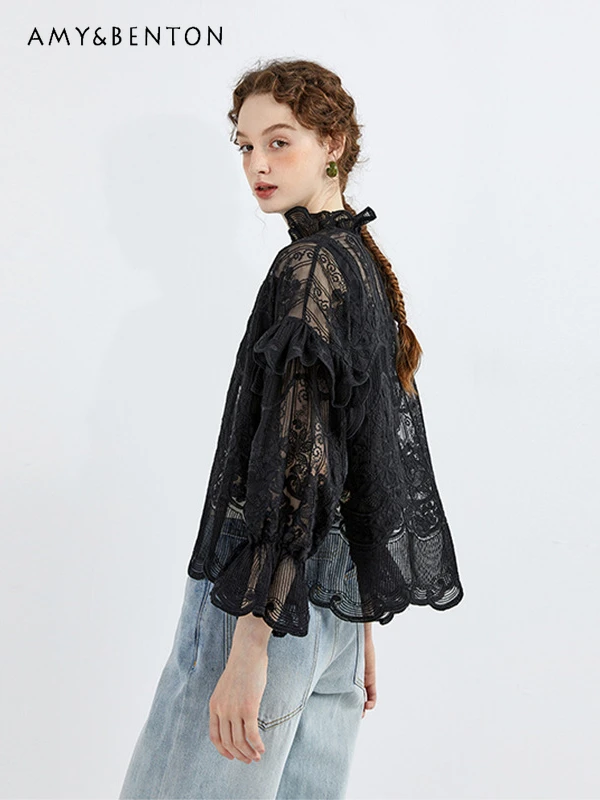 

Summer New French Temperament Lace Embroidery Shirt Women Retro Elegant Stand Collar Pleating Long Sleeve Commute Style Blouse