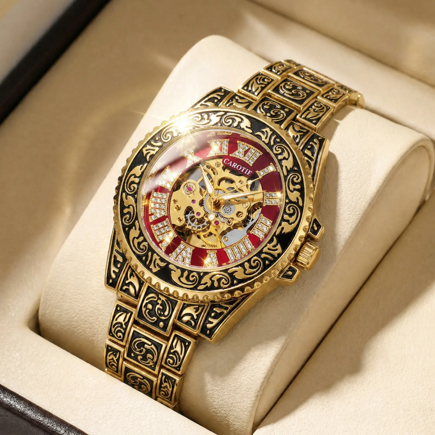 A men's black and red vintage luxury-style fully automatic mechanical watch with exquisite engravings
