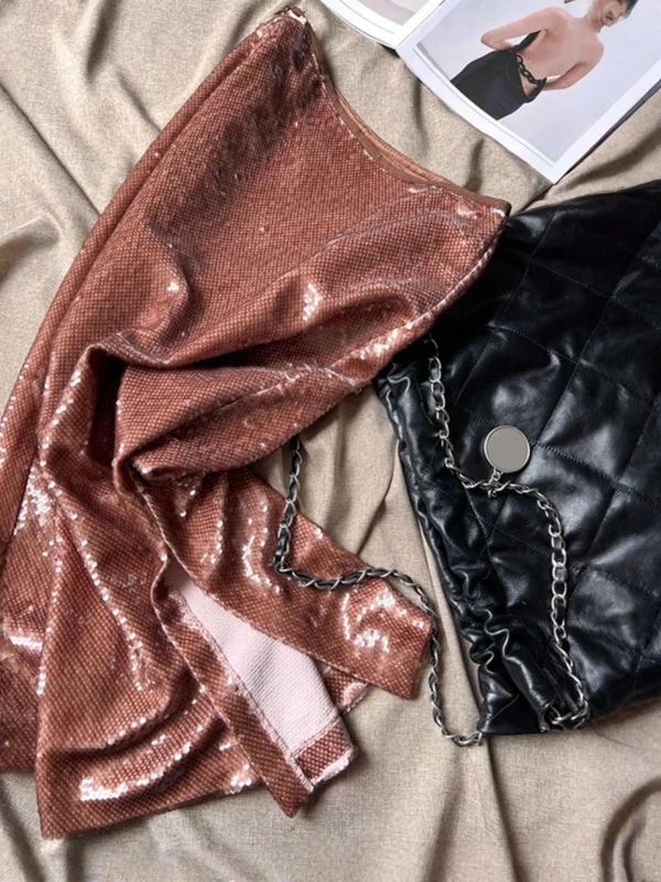 

Лето 2025 г., юбка с высокой талией и разрезом и пайетками, сексуальная женская модная юбка в стиле ретро, H-образный вырез, однотонная модная юбка