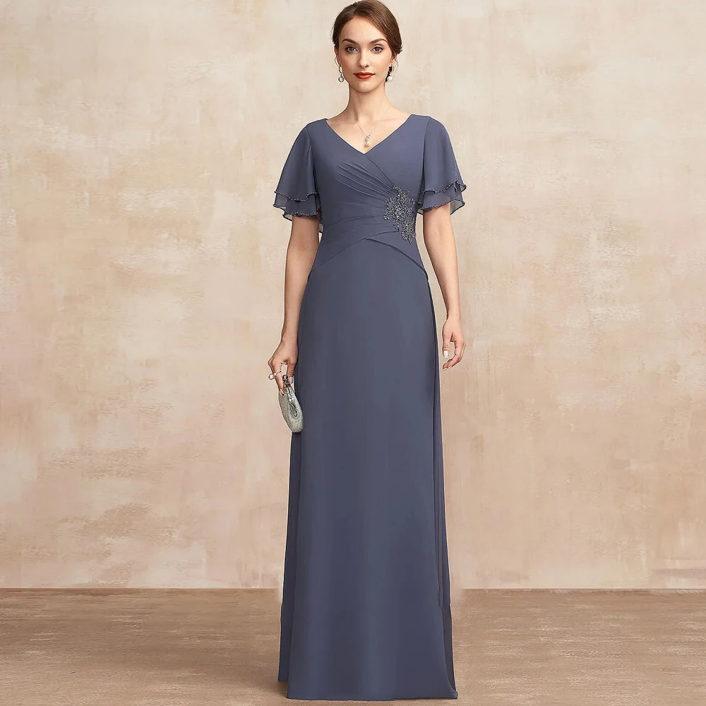 

Classic Mother Of The Bride Dresses for Weddings V Neck Short Sleeves Wedding Guest Gowns Appliques Floor Length فساتين السهرة