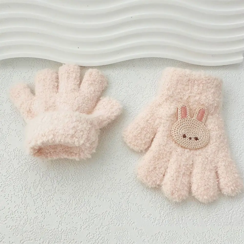 Rabbit Baby Fluffy Gloves Thicken Korean Style Flower Knitted Mittens Solid Color Full Finger Cartoon Pattern Gloves Children