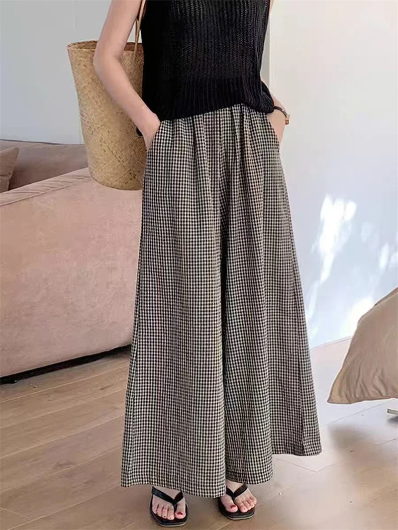 Vintage Checked Pants 2025 Women Stylish Wide Leg Pant Elegant High Waist Office Trousers Casual Loose Grid Pantalon Oversize