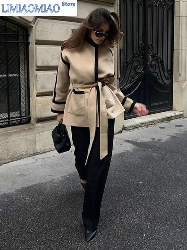 New Spliced Contrast Woolen Coat Women Long Sleeve Thicken Jacket with Belt Pockets 2024 Autumn Casual Ladies Commuter Outwear