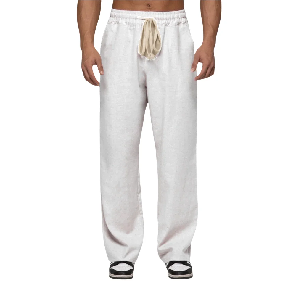 Summer men's style cotton and linen straight, breathable and loose casual pants, solid color elastic waist drawstring sweatpants