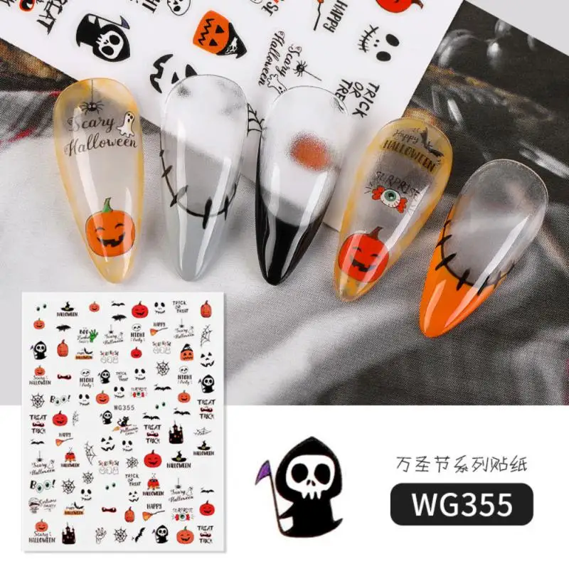 Nail Decals Spooky Unique Design Long-lasting Easy To Apply Self Adhesive Bat Spider Witch Pumpkin Decals Halloween High-quality