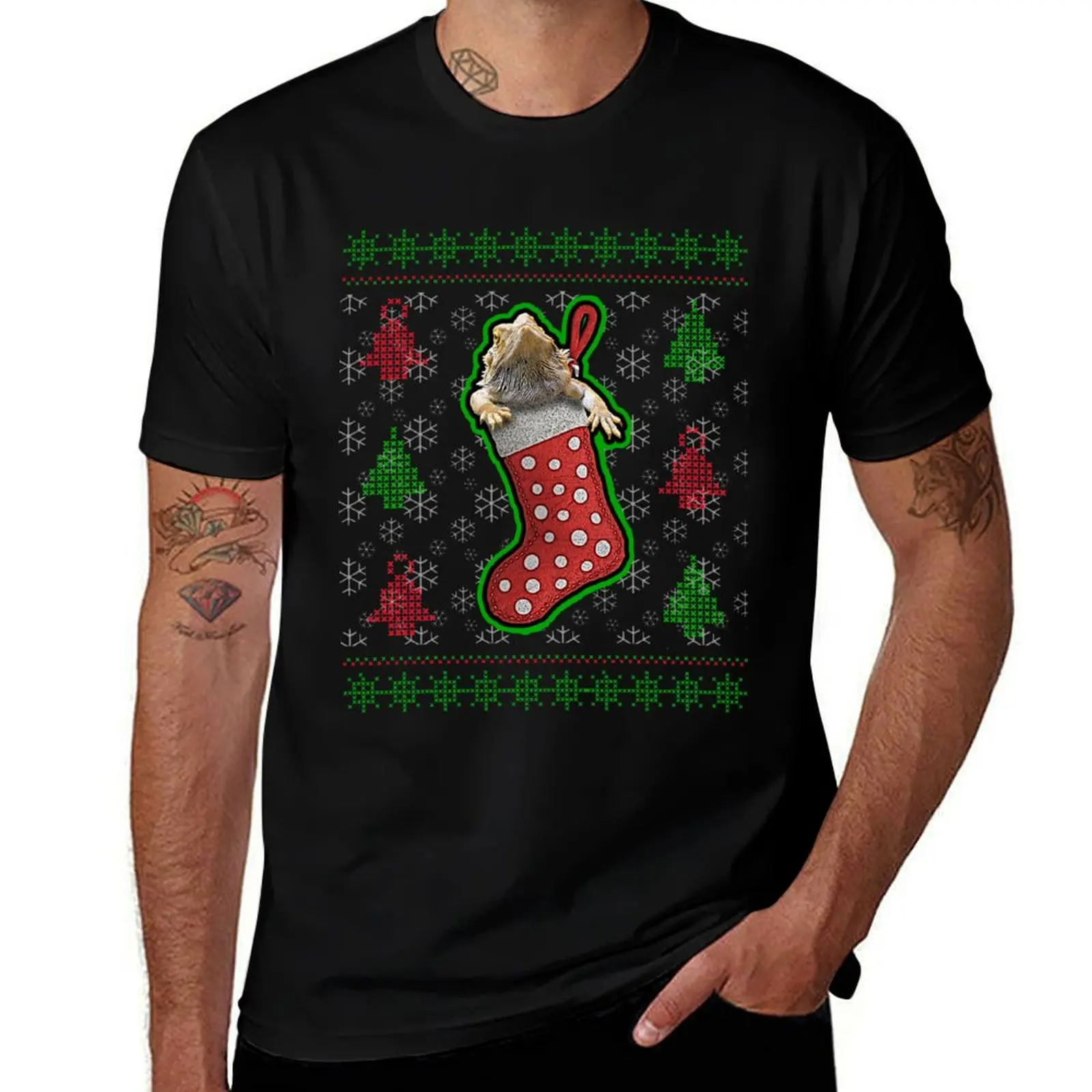Bearded Dragon Christmas Sock Christmas Jumper Design T-Shirt Novelty Graphic Tee Shirt