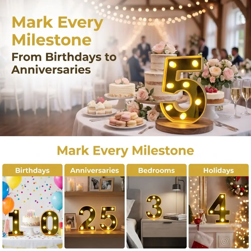 Gold 16CM Letters Lights Luminous Creative Battery Lamp Battery Powered Mirror-Shaped Golden Numbers Led Lights Birthday Scene