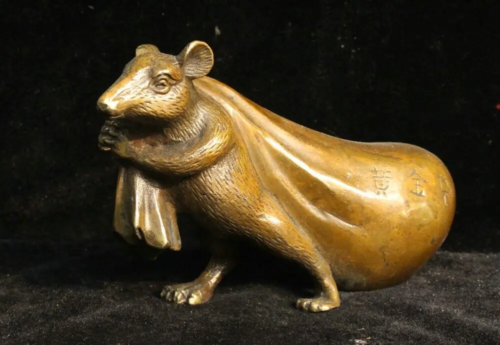 Chinese Fengshui Bronze COPPER Money bags Wealth lucky Zodiac Year Mouse Statue