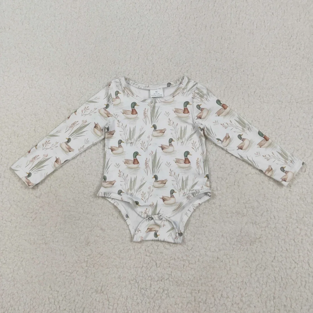 

Hot Sale Long Sleeve Boutique Clothing Set Girls Boys Mallard Ducks Hunting Romper Rts Jumpsuit Baby Clothes Girls Romper