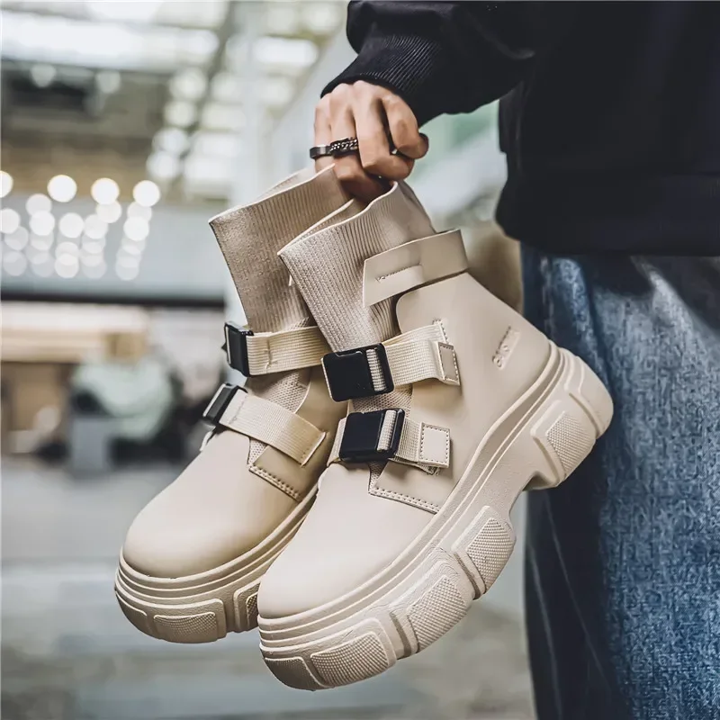 

2025 Men Platform Ankle Boots Fashion Sock Boots Sneakers Brand High Quality Motorcycle Boots Casual Outdoor Slip On Shoes
