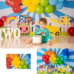 Rainbow Balloon Backgrounds Cake Smash Kids Adult Photography Props Child Baby School Bus Happy Learning Photo Backdrops