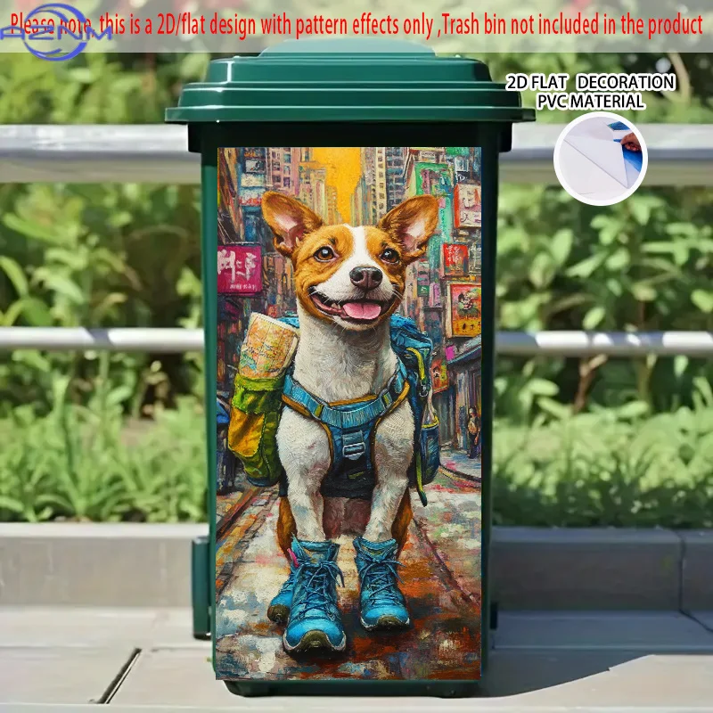 1pc 2D/FLAT Self-Adhesive Dustbin Stickers, , Traveling Dog in City Street Pattern, Creative Dustbin Stickers, Suitable for Du