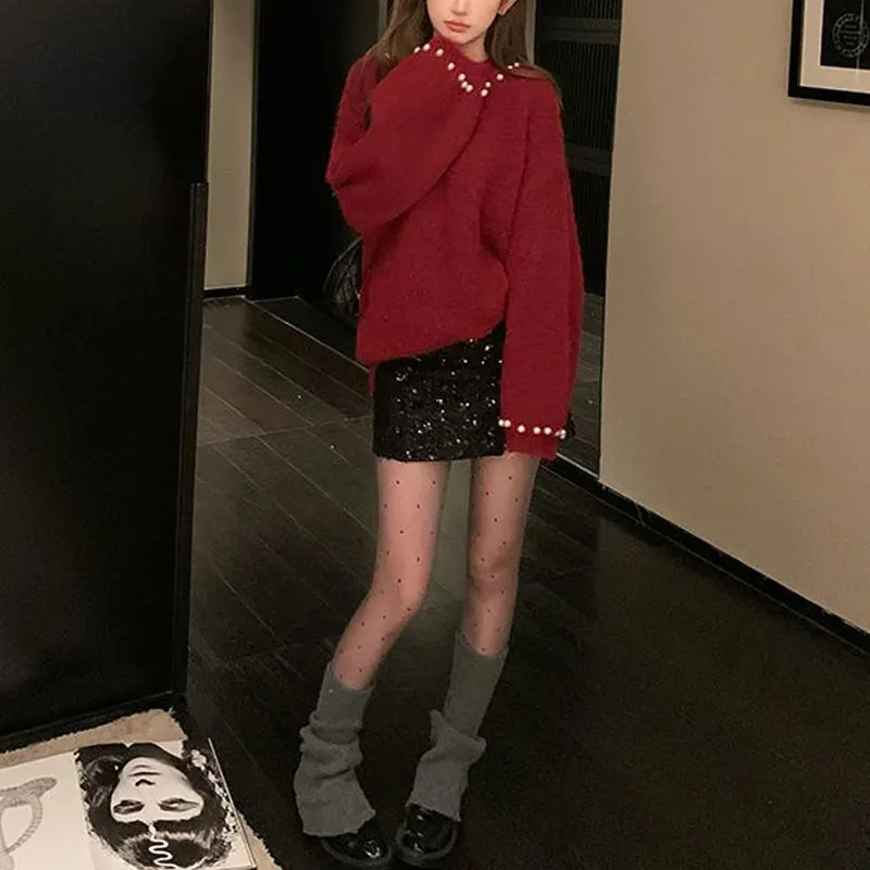 Suéteres holgados rojos con cuentas para mujer, ropa Vintage de Color sólido para otoño e invierno, jerséis de punto de manga larga con cuello redondo