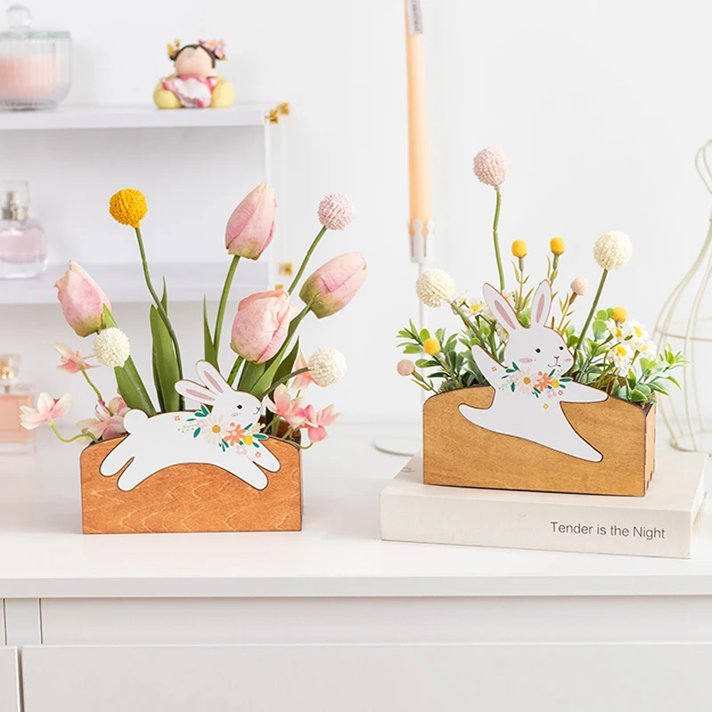 

Countryside style simulation tulip potted plant decoration, home decoration cartoon rabbit flower box desktop floral ornaments