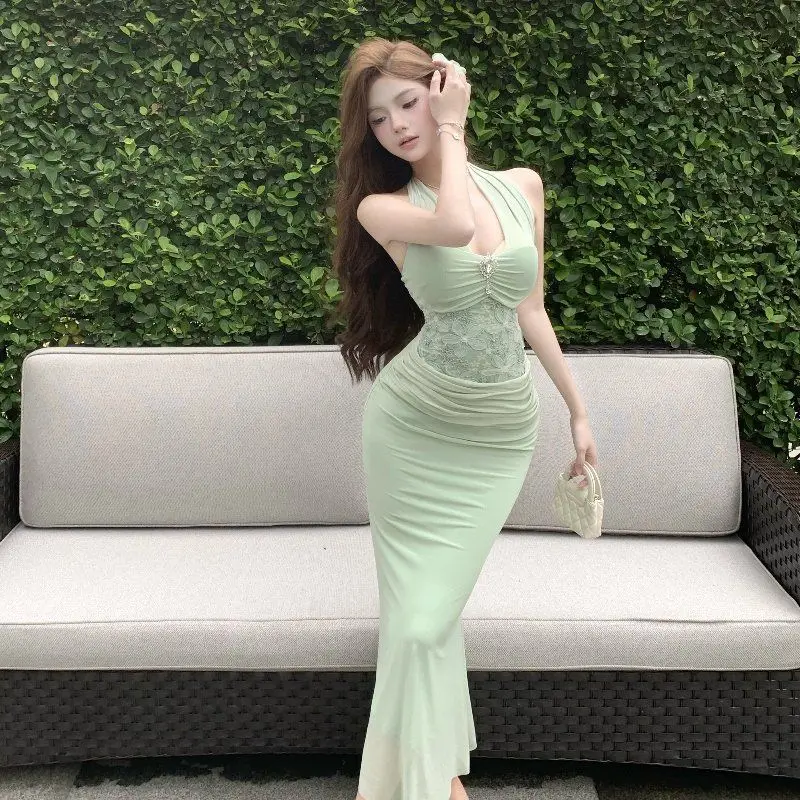 Dresses Womens Of Woman Autumn Satin Embellished Pearl Inlaid Round-Neck Pleated Panelled Banquet Light Tender Minimalist Casual