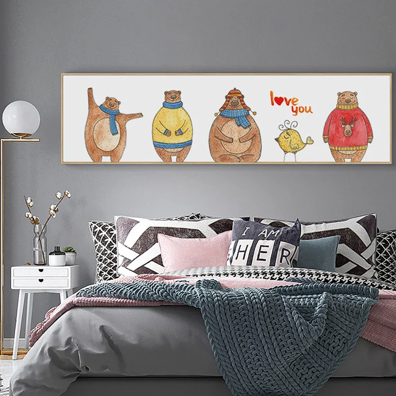 Modern Minimalist Bedroom Bedside Mural Living Room Banner Creative Hanging Painting Cartoon Bear Art Painting