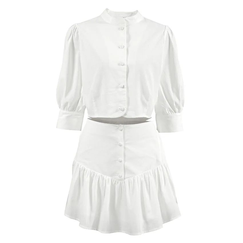 Cotton Linen White Skirt Suit 2 Pieces Sets Chic Half Sleeve Slim High-Waist Skirt Two-piece Set Women's Summer Casual Outfits