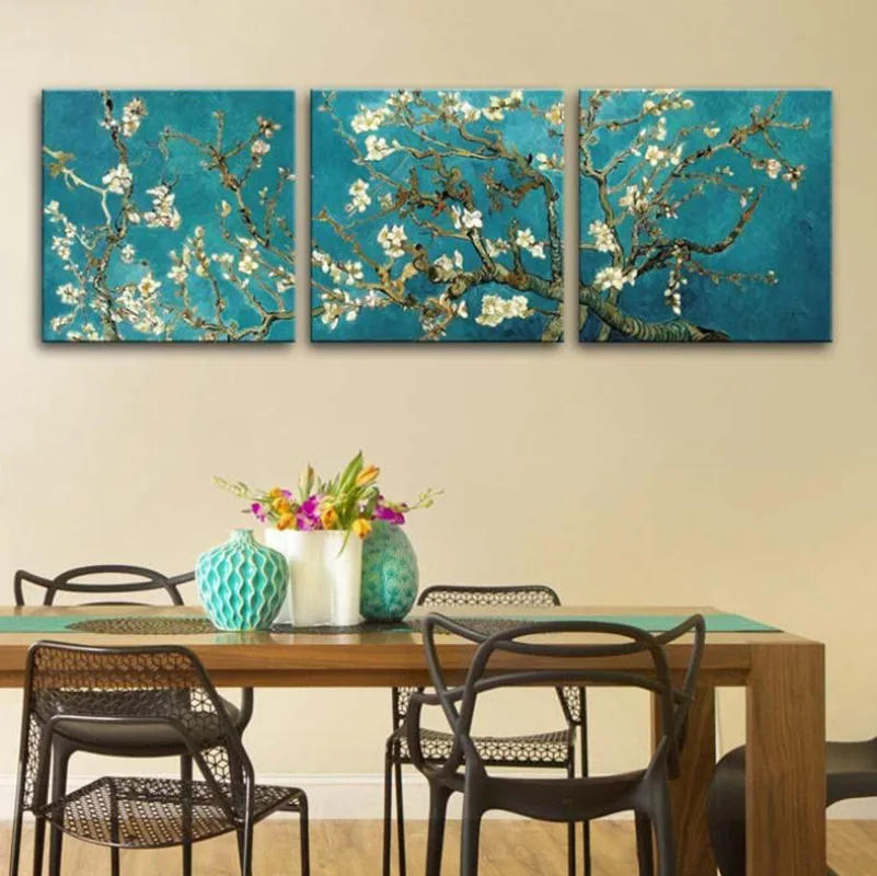 Pintura en lienzo de flor de almendro clásica de Van Gogh, póster de flores murales e impresiones, arte de pared, decoración moderna para sala de estar, 3 uds.