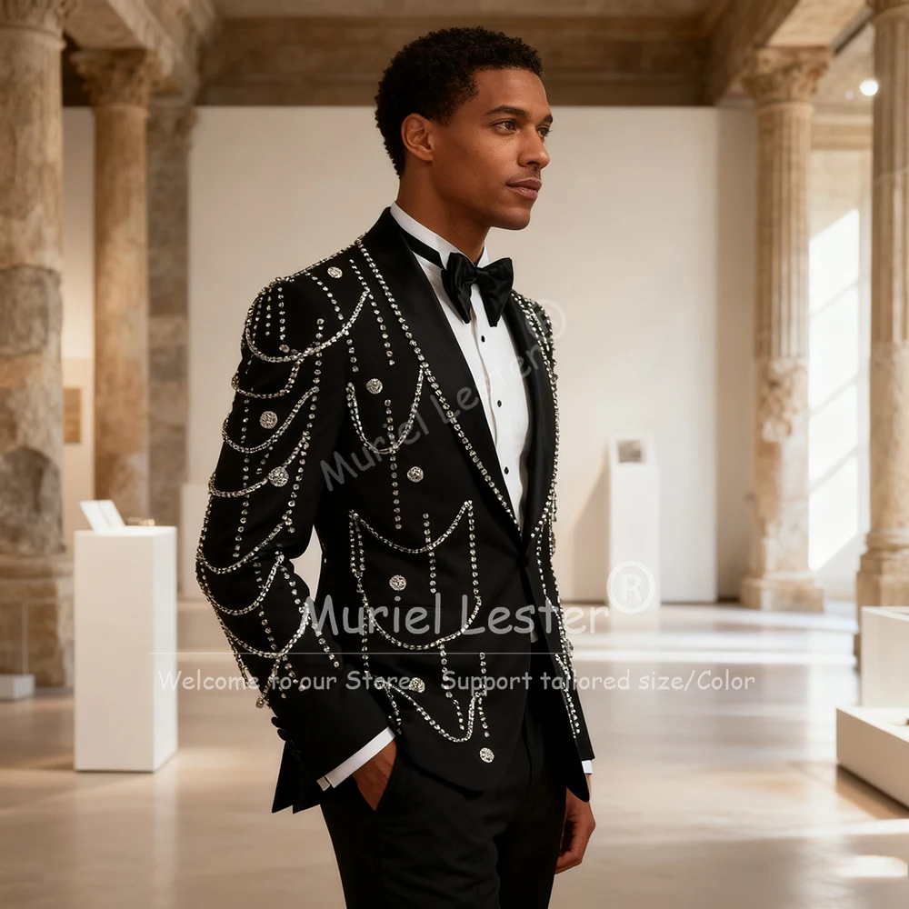 

Роскошный костюм с серебряными камнями и бисером, мужской однобортный пиджак, брюки, комплект из 2 предметов, смокинги для жениха, официальной вечеринки, свадьбы по индивидуальному заказу