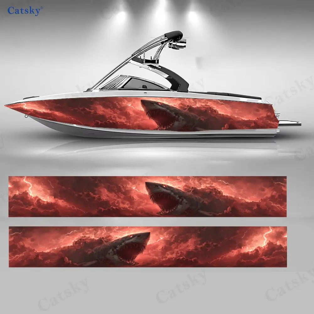 

Scarlet Sea Demon Tooth Shark Boat Stickers, PVC Waterproof Vinyl Wrap Decals for Fishing Boats, Durable and Stylish Design