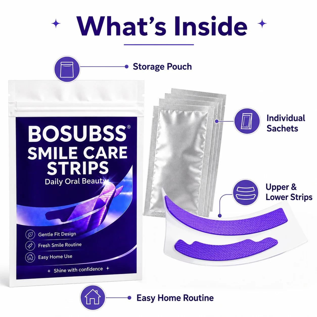 2 PAARE/4 Stück Lila Smile Care Streifen, Tägliche Zahnpflege-Streifen für ein frisches Lächeln, sanfte Passform, einfache Anwendung zu Hause – Detail 5