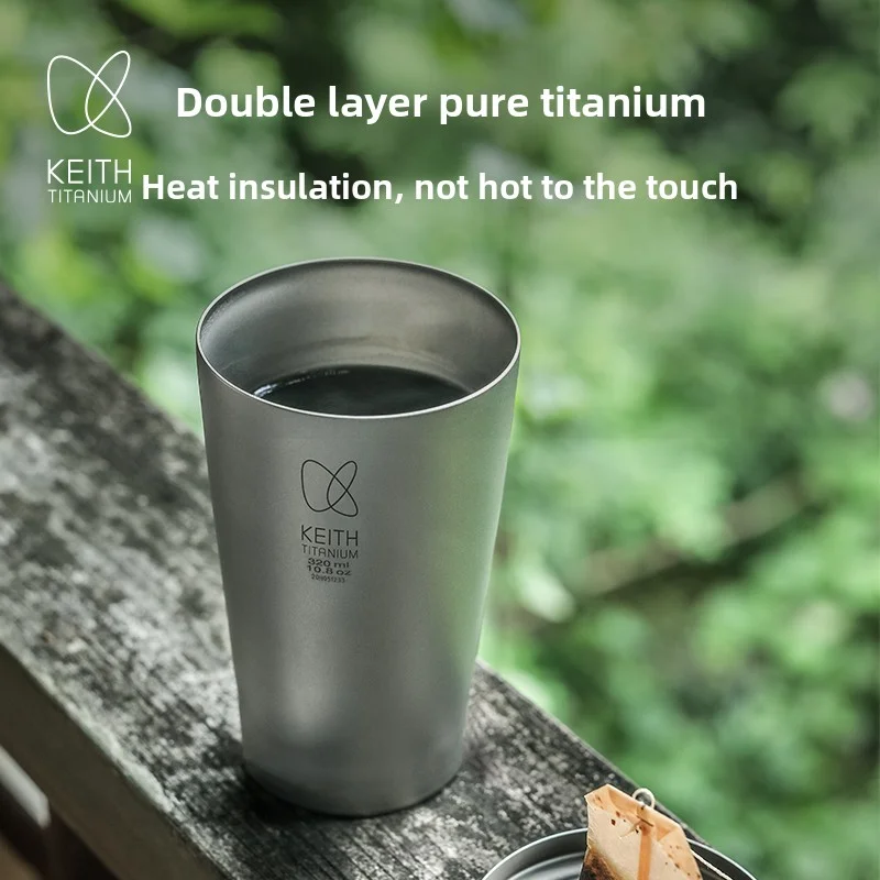 KEITH Pure Titanium Double Wall Vacuum Insulated Tumbler 320ml Plastic Free Cup for Coffee Beer Office Camping