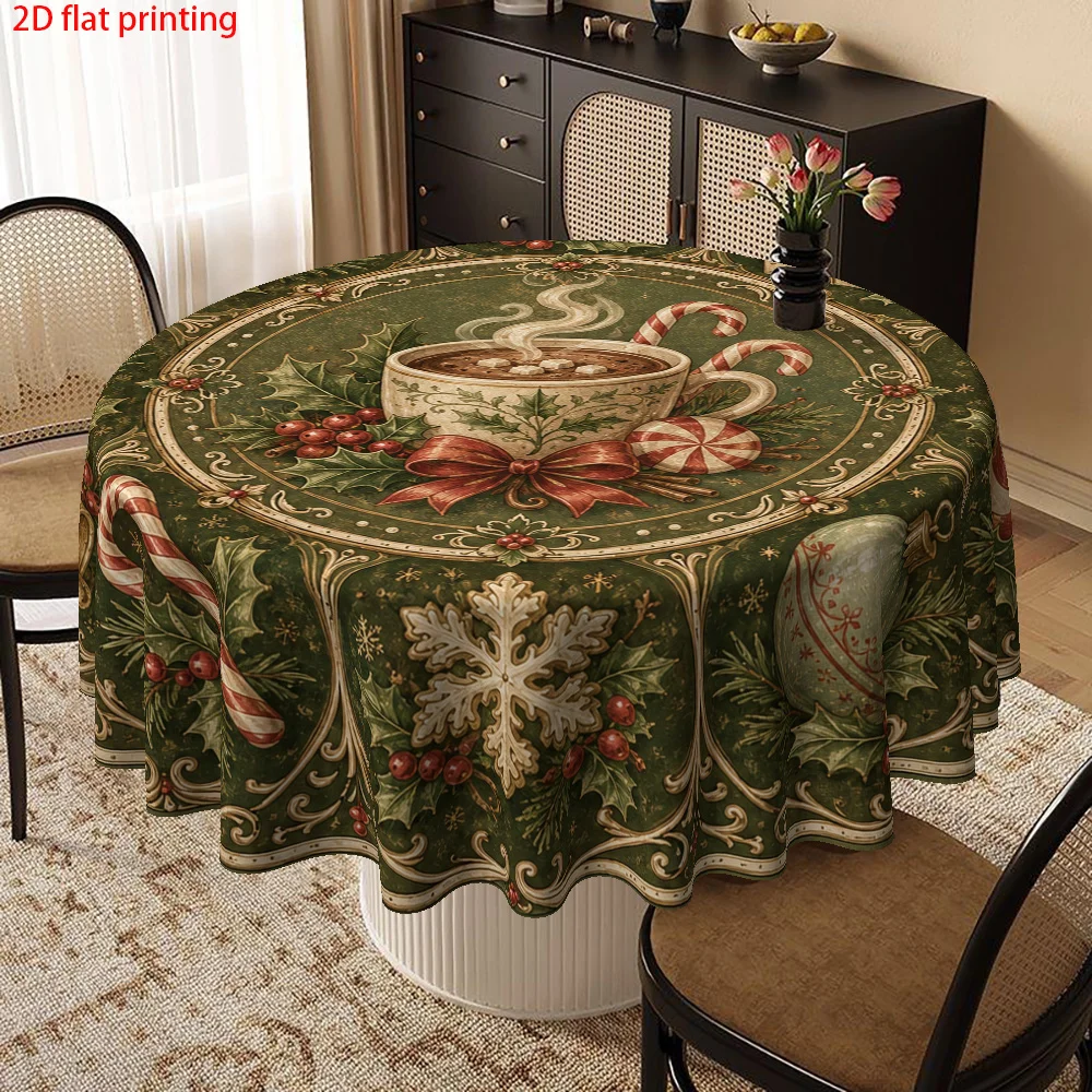 Pack of 1, 2D flat print round tablecloth, Christmas themed pattern