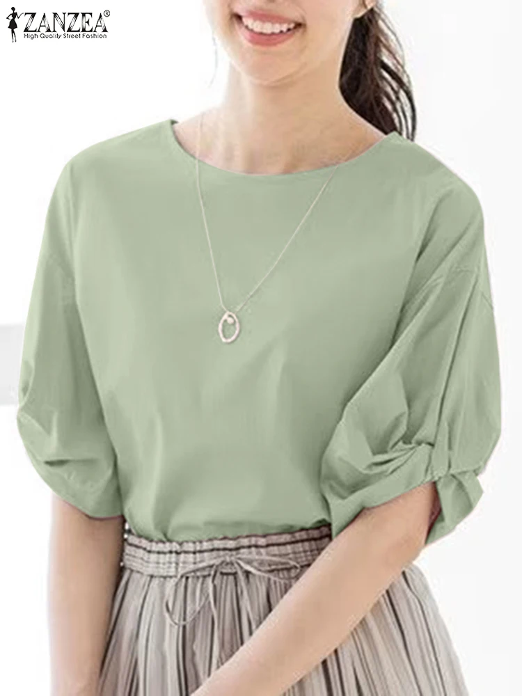 

Women Short Sleeve Twisted Shirt ZANZEA Korean Summer Tops Fashion Solid Color Blouse 2024 Holiday Simple O-neck Blusas Femme