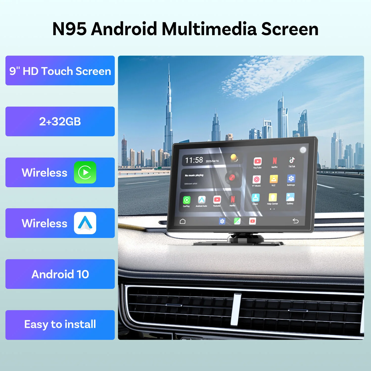 شاشة OTTOCAST CarPlay مقاس 9.0 بوصة 4K شاشة لمس سيارة لاسلكية Carplay Android Auto Radio DVR GPS فيديو مدمج يوتيوب Netflix