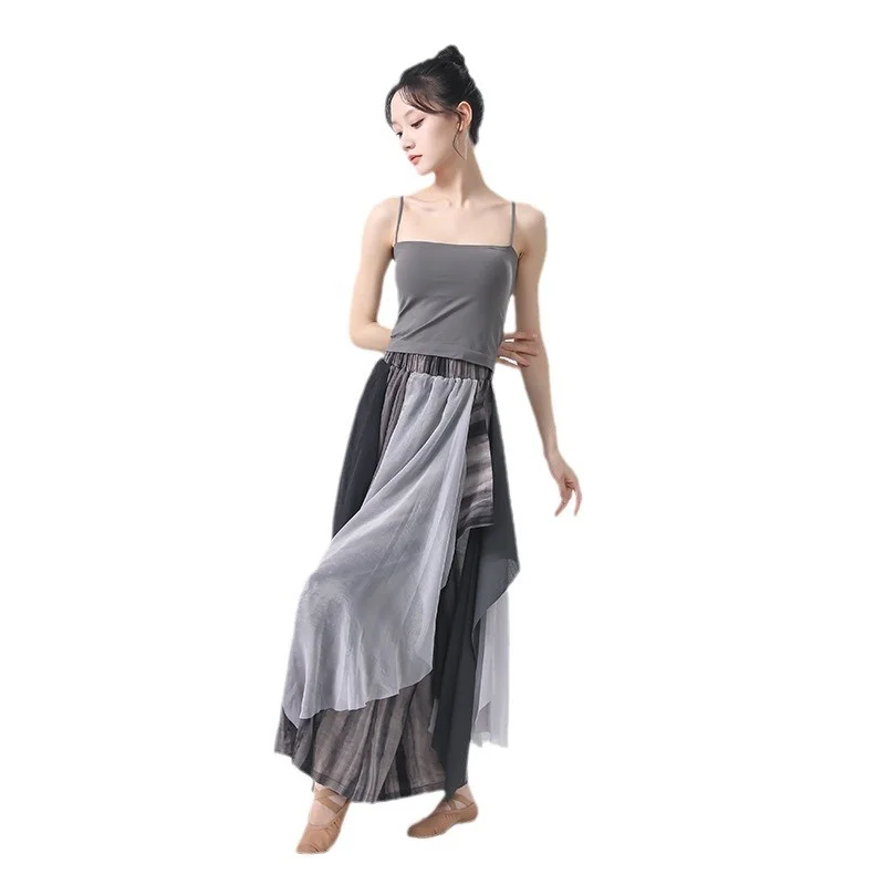 Loose Wide Leg Skirt Pant Women Classical Modern Dance Culottes Flowy Print Layers Training Show Wear Stage Performance Costume