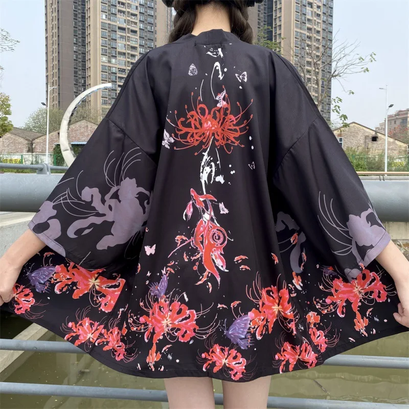 

Red Spider Lily Print Japanese Kimono Summer Outdoor Casual Short Haori Cardigan Breathable Quick Dry Japan Cultural Girl's Tops