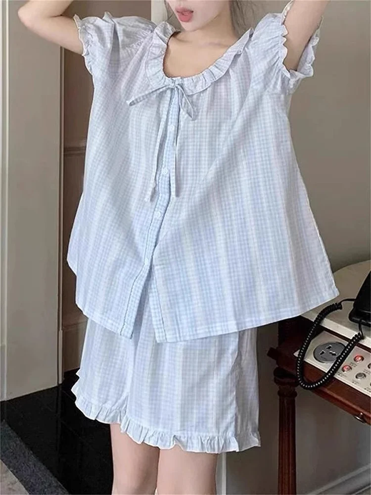 

Large Size 300 Pounds Sweet Doll Collar Sleepwear Set Women Summer Knot Short Sleeve Shorts Home Clothes Two Piece Set