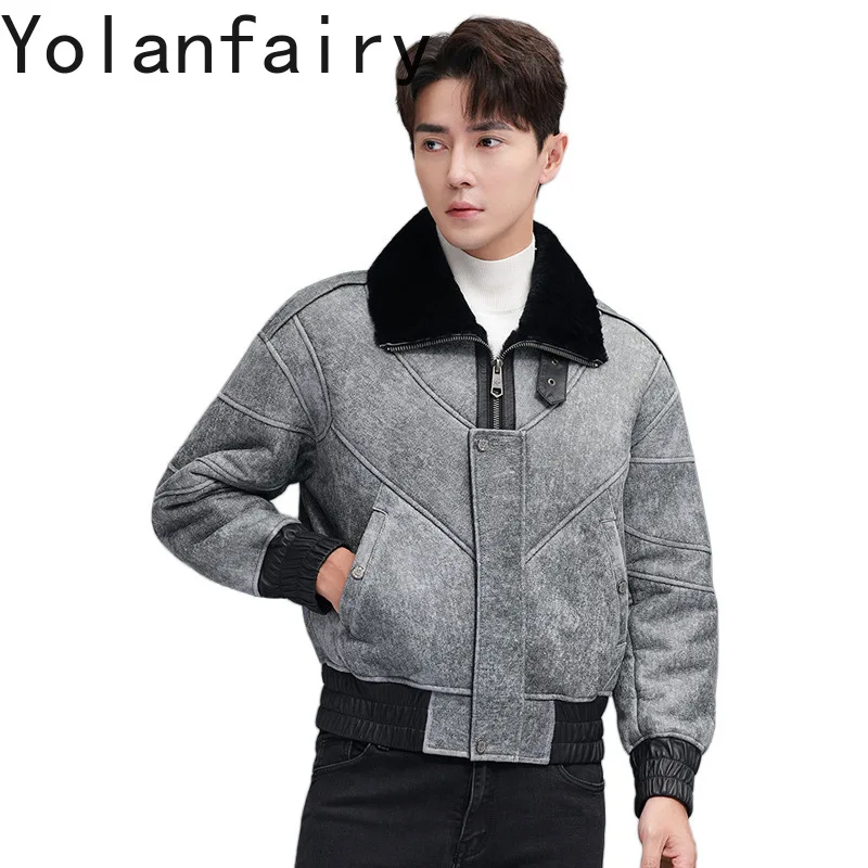 

YOLANFAIRY Luxury Winter Natural Fur Coat Man High-end Men's Short Genuine Leather Jacket Motorcycle Warm Lambskin Fur Cpats
