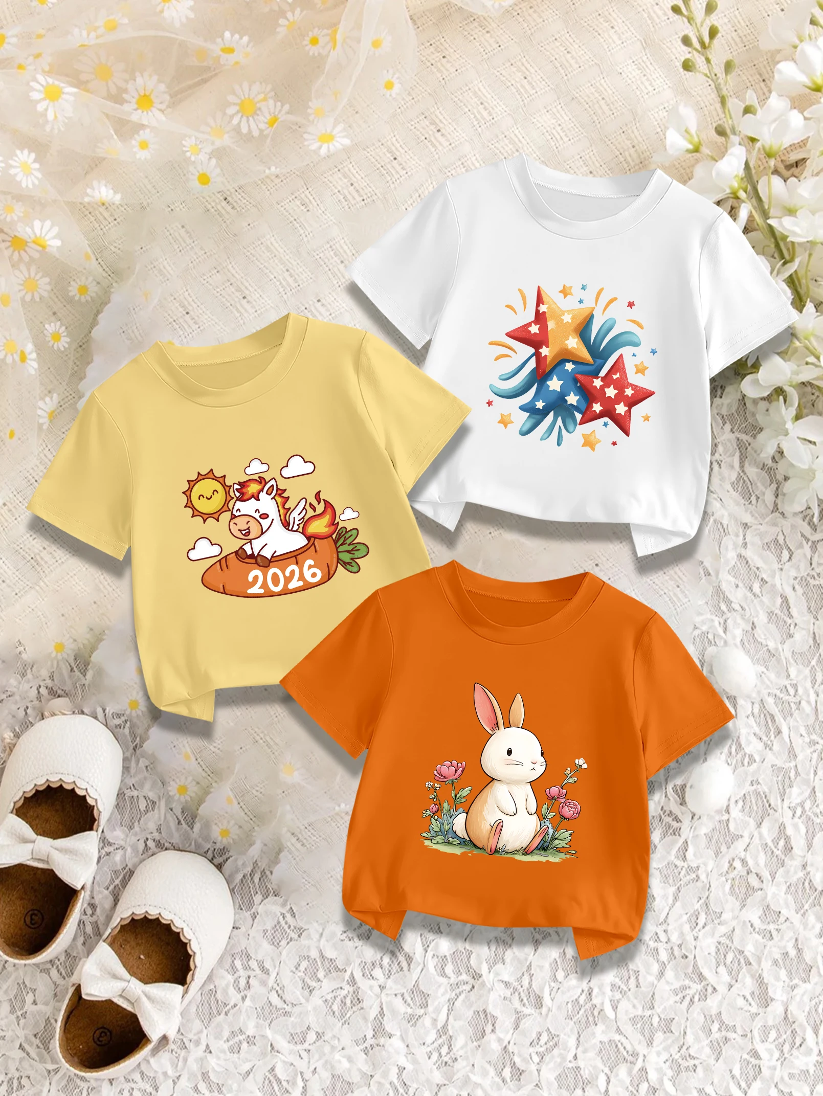 

3 предмета в комплекте: милая летняя футболка с короткими рукавами для девочек, с рисунком кролика, звезды, единорога и ракеты, милый повседневный топ.