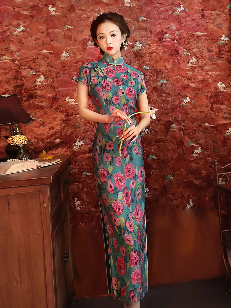 

Новое китайское длинное платье-ципао для женщин, повседневное, в винтажном стиле, макси, однотонное, с коротким рукавом, с высоким разрезом